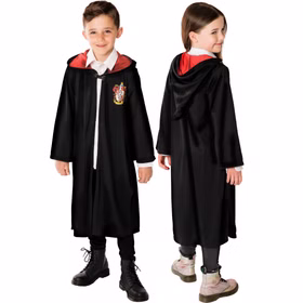 Harry Potter Gryffindor Umhang Kinder Vorder Rückansicht Gryffindor Umhang für Kinder in Vorder- und Rückansicht mit schwarzem Stoff, roter Kapuze und farbigem Hauswappen auf der Brust.