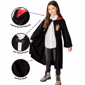 Harry Potter Gryffindor Umhang Kapuze Verschluss Jersey Harry Potter Gryffindor Umhang für Kinder mit Detailansichten der rot gefütterten Kapuze, des Halsverschlusses und schwarzen Jersey-Stoffs.