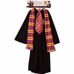 Vier-teiliges Harry Potter Gryffindor Kostüm-Set mit schwarzem Umhang, rot-goldenem Schal, Krawatte und braunem Zauberstab.