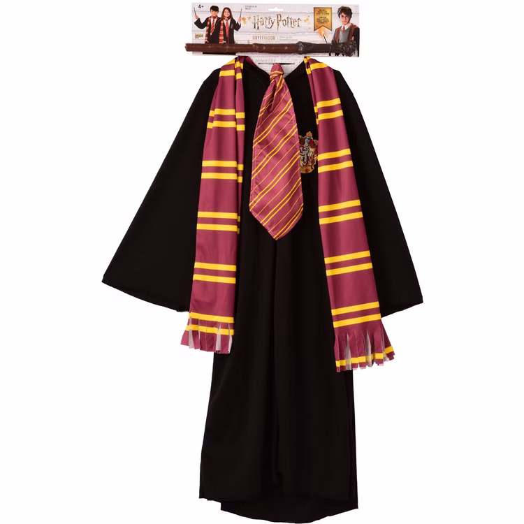 Harry Potter Gryffindor Kostüm Lieferumfang 4 teilig Vier-teiliges Harry Potter Gryffindor Kostüm-Set mit schwarzem Umhang, rot-goldenem Schal, Krawatte und braunem Zauberstab.