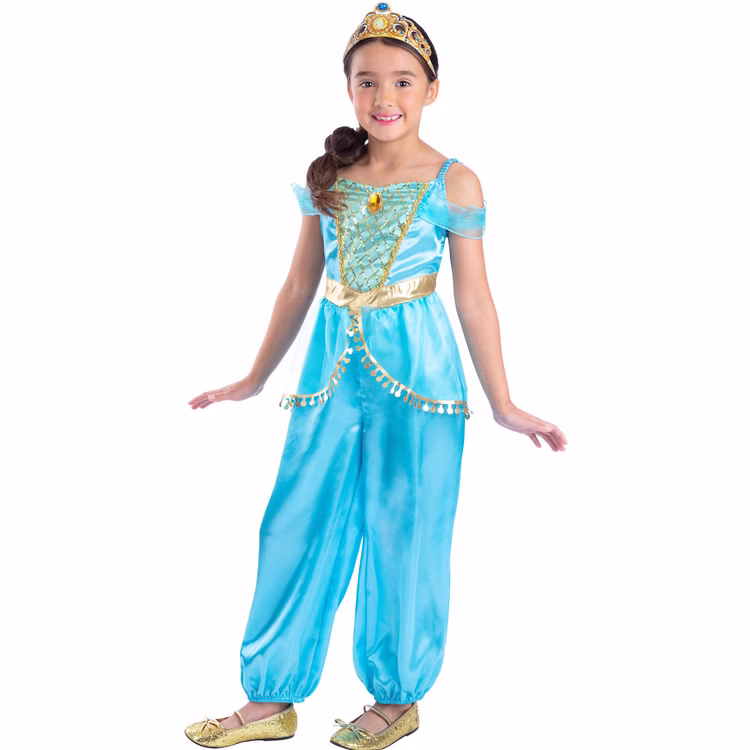 1001 Nacht Prinzessin Kostüm Kinder Türkis mit Tiara Mädchen im türkisfarbenen 1001 Nacht Prinzessin Kostüm mit weitem Jumpsuit, goldfarbenen Verzierungen und passendem Kopfschmuck für Kinder.