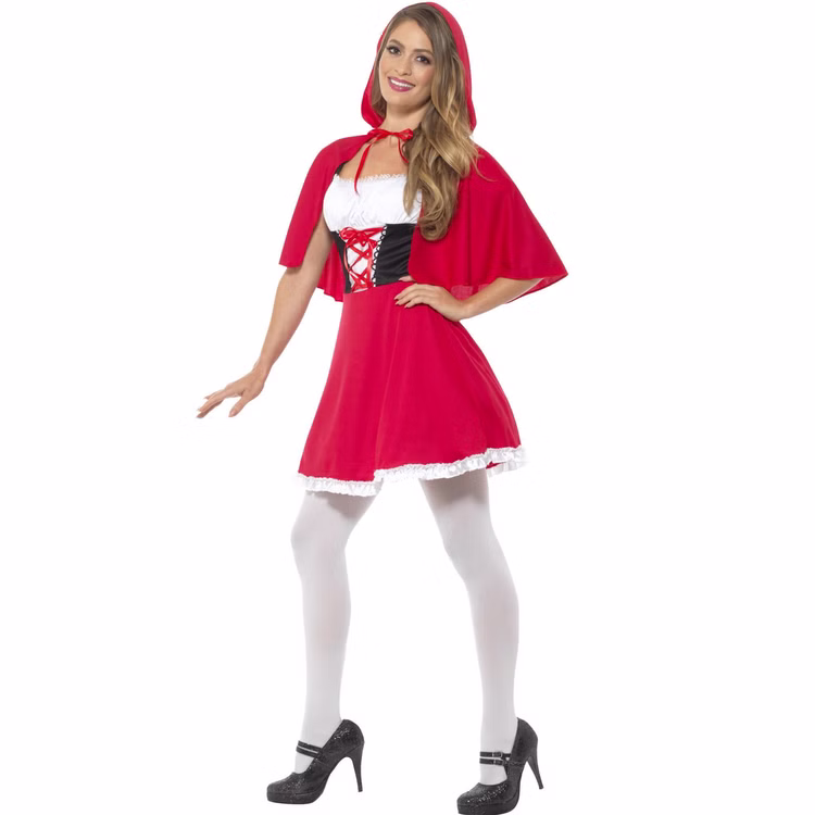 Rotkäppchen Kostüm Damen Märchen Kleid mit Umhang Frau im Rotkäppchen Kostüm mit rotem Kleid, schwarz-weißem Mieder und rotem Kapuzenumhang in schräger Frontansicht.