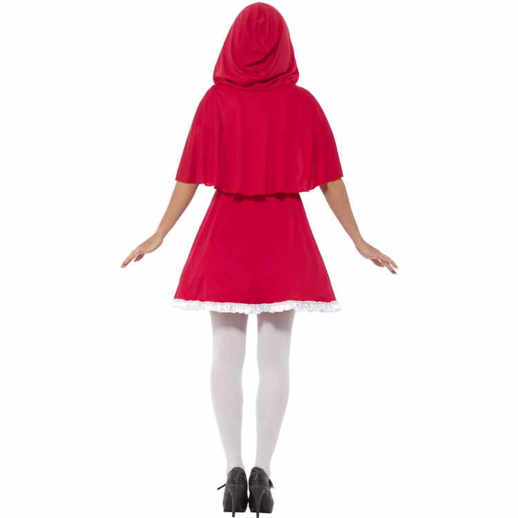 Rotkäppchen Kostüm Damen Rückansicht Rückansicht des Rotkäppchen Kostüms für Damen mit rotem Kleid, weißer Saumrüsche und rotem Kapuzenumhang.
