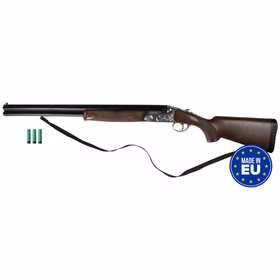 Bockflinte Jäger Gewehr mit Patronen Made in EU Spielzeug-Bockflinte mit Trageriemen und drei Patronen vor weißem Hintergrund mit Hinweis auf die Herstellung in der EU.