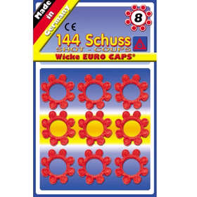 144 Schuss 8 Ring Munition Wicke Euro Caps Blisterkarte Wicke Euro Caps mit 18 roten 8-Schuss-Munitionsringen und insgesamt 144 Schuss, hergestellt in Deutschland.