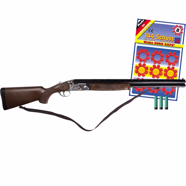 Bockflinte mit 144 Schuss Munition Western Jäger Bundle Spielzeug-Bockflinte mit Trageriemen, drei Patronen und Blister mit 144 Schuss 8-Ring-Munition als Western- und Jäger-Zubehör.