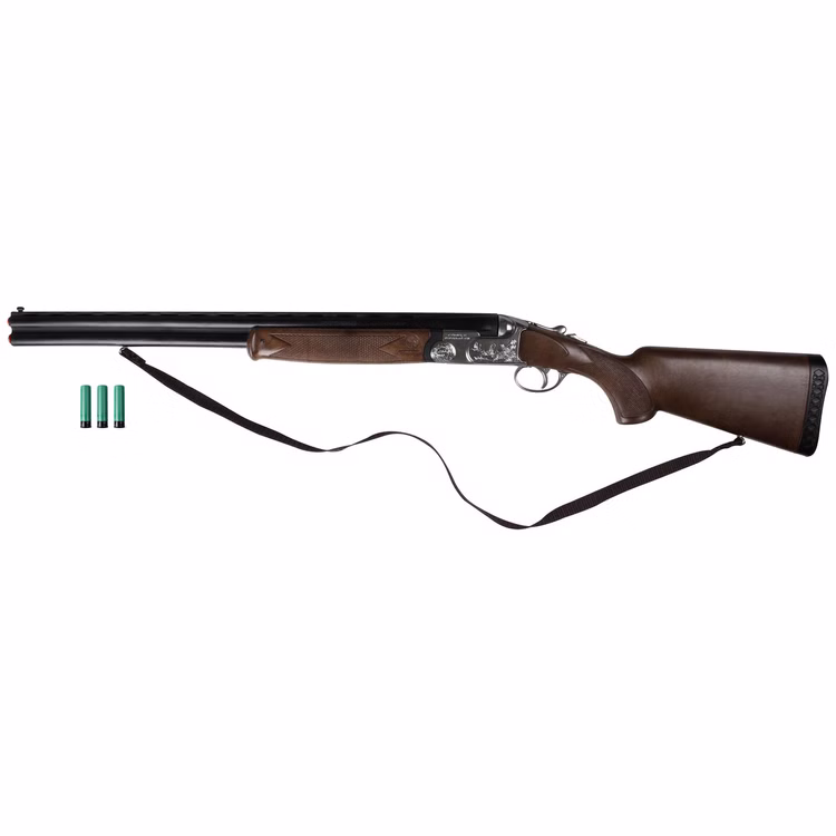 Bockflinte Western Gewehr Seitenansicht mit Patronen Seitenansicht der braun-schwarzen Spielzeug-Bockflinte mit Trageriemen und drei grünen Patronen für Jäger- und Trapperkostüme.