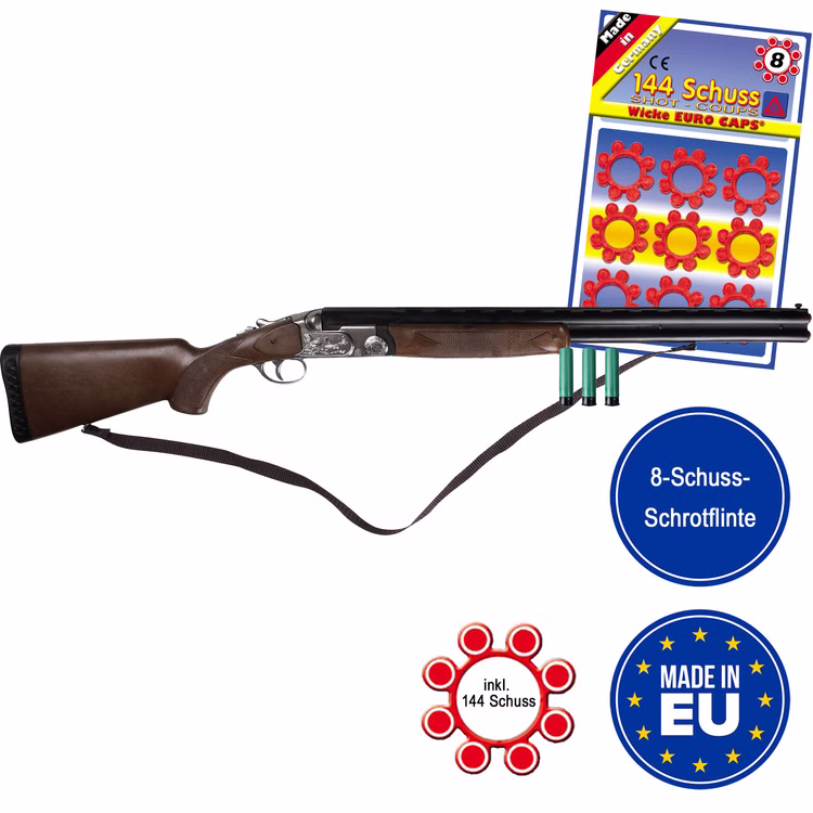 Bockflinte 8 Schuss mit 144 Schuss Munition Made in EU Bockflinte mit 144 Schuss 8-Ring-Munition, drei Patronen sowie Hinweisen zu 8-Schuss-Funktion und Herstellung in der EU.