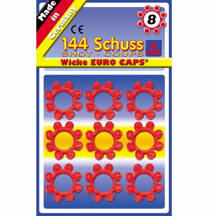 144 Schuss 8 Ring Munition Wicke Euro Caps Blisterkarte Wicke Euro Caps mit 18 roten 8-Schuss-Munitionsringen und insgesamt 144 Schuss, hergestellt in Deutschland.