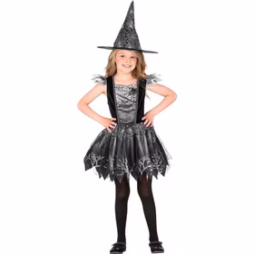 Hexenkostüm Kinder Luna Schwarz Grau Spinnennetz Kleid Hut Hexenkostüm Luna für Kinder in Schwarz-Grau mit Spinnennetz-Kleid und passendem Hexenhut, frontal auf weißem Hintergrund.