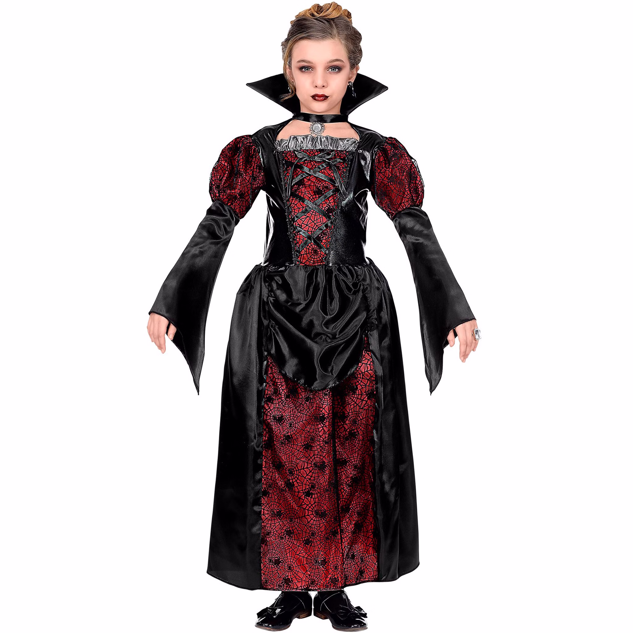 Rot-schwarzes Vampirkleid für Kinder mit Gothic Details, Schnürung, Stehkragen, Puffärmeln und Spinnennetzmuster in Frontansicht.