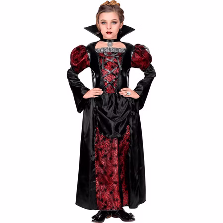 Vampir Kostüm Kinder Rot Schwarz Gothic Kleid Vorderansicht Vampir Kostüm für Kinder in Rot-Schwarz mit langem Gothic Kleid, Stehkragen, Puffärmeln und Spinnennetzmuster von vorne.