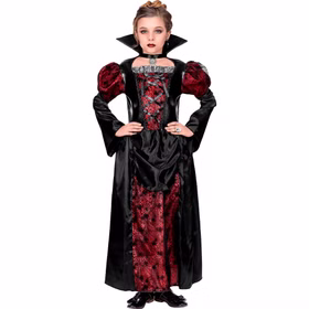 Vampir Kostüm für Kinder in Rot-Schwarz mit langem Gothic Kleid, Stehkragen, Puffärmeln und Spinnennetzmuster von vorne.