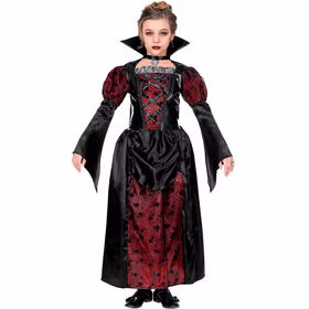 Rot-schwarzes Vampirkleid für Kinder mit Gothic Details, Schnürung, Stehkragen, Puffärmeln und Spinnennetzmuster in Frontansicht.