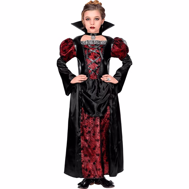 Vampir Kostüm Kinder Rot Schwarz Gothic Kleid Vorderansicht Vampir Kostüm für Kinder in Rot-Schwarz mit langem Gothic Kleid, Stehkragen, Puffärmeln und Spinnennetzmuster von vorne.