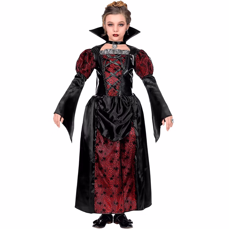 Vampir Kostüm Kinder Vampirin Gräfin Gothic Kleid Rot Schwarz Rot-schwarzes Vampirkleid für Kinder mit Gothic Details, Schnürung, Stehkragen, Puffärmeln und Spinnennetzmuster in Frontansicht.