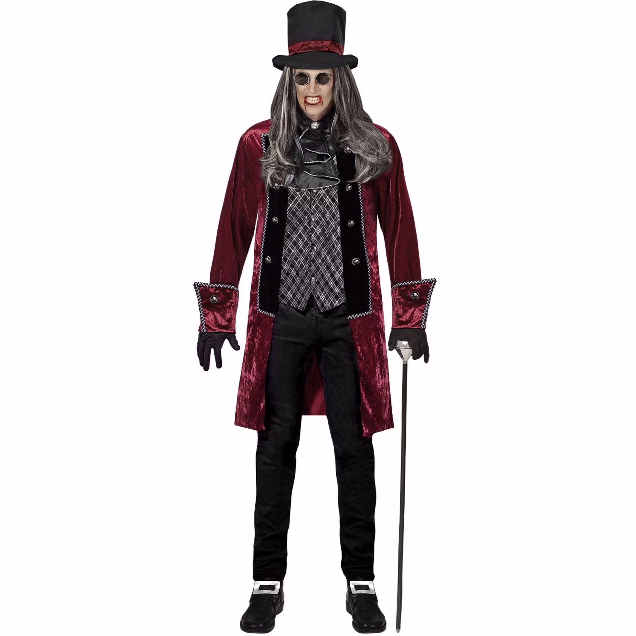 Viktorianischer Vampir Herren Gothic Kostüm Rot Schwarz mit Zylinder Herren im viktorianischen Vampir Kostüm mit rot-schwarzem Gehrock, gemusterter Weste, Jabot, Handschuhen und Zylinder.