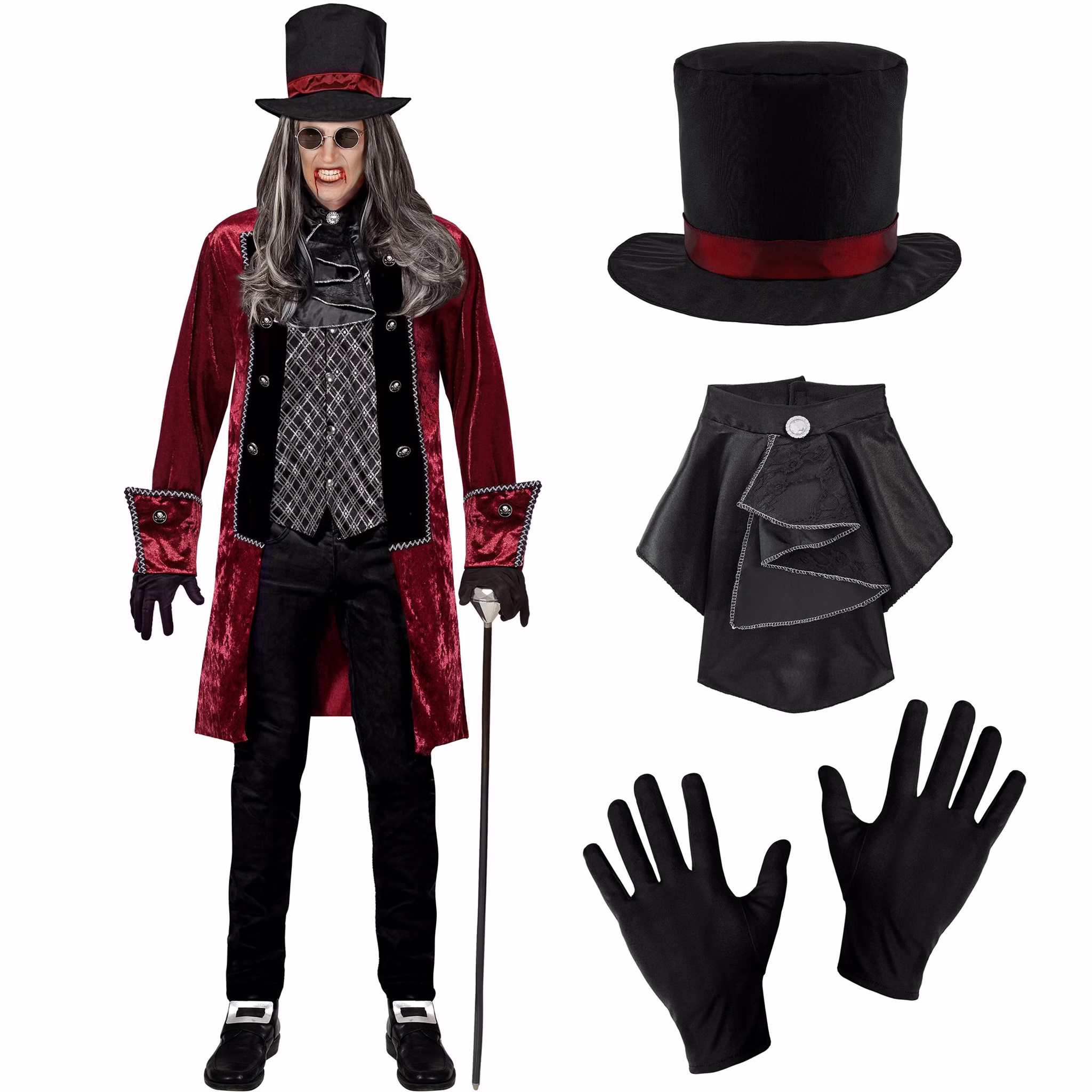 Vampir Kostüm Herren viktorianisch Rot Schwarz Zylinder Jabot Handschuhe Viktorianisches Vampir Kostüm für Herren in Rot-Schwarz mit Gehrock, Weste, Jabot, Zylinder und schwarzen Handschuhen.