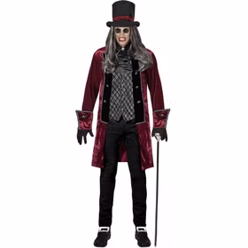 Viktorianischer Vampir Herren Gothic Kostüm Rot Schwarz mit Zylinder Herren im viktorianischen Vampir Kostüm mit rot-schwarzem Gehrock, gemusterter Weste, Jabot, Handschuhen und Zylinder.