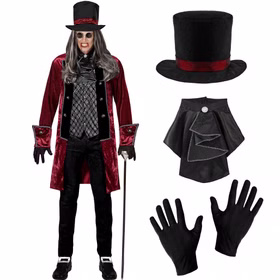 Vampir Kostüm Herren viktorianisch Rot Schwarz Zylinder Jabot Handschuhe Viktorianisches Vampir Kostüm für Herren in Rot-Schwarz mit Gehrock, Weste, Jabot, Zylinder und schwarzen Handschuhen.
