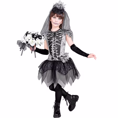 Skelettbraut Kinder Mara Halloween Kleid Brautschleier Gothic Kinder Skelettbraut Mara im schwarz-grauen Halloween Kleid mit Knochenprint, Brautschleier und schwarzen fingerlosen Handschuhen.