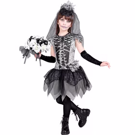 Kinder Skelettbraut Mara im schwarz-grauen Halloween Kleid mit Knochenprint, Brautschleier und schwarzen fingerlosen Handschuhen.