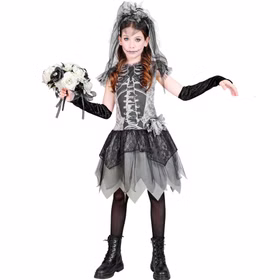 Halloween Skelettbraut Kostüm für Kinder mit schwarz-grauem Kleid, Skelettdruck, Brautschleier und fingerlosen Armstulpen.