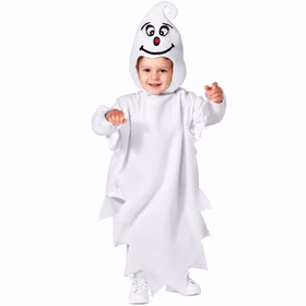 Kleinkind im weißen Geist Kostüm Hugo mit gezacktem Gespenster-Overall und freundlicher Kopfbedeckung für Halloween und Fasching. Hinweis: KI generiertes Bild