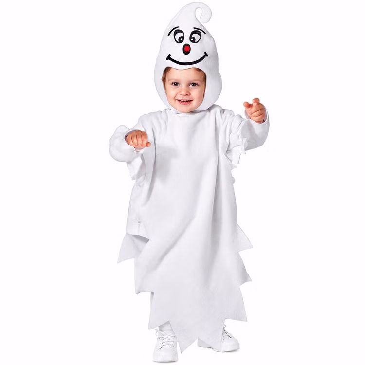 Geist Kostüm Kleinkind Hugo Halloween Weiß Gesamtansicht Kleinkind im weißen Geist Kostüm Hugo mit gezacktem Gespenster-Overall und freundlicher Kopfbedeckung für Halloween und Fasching. Hinweis: KI generiertes Bild