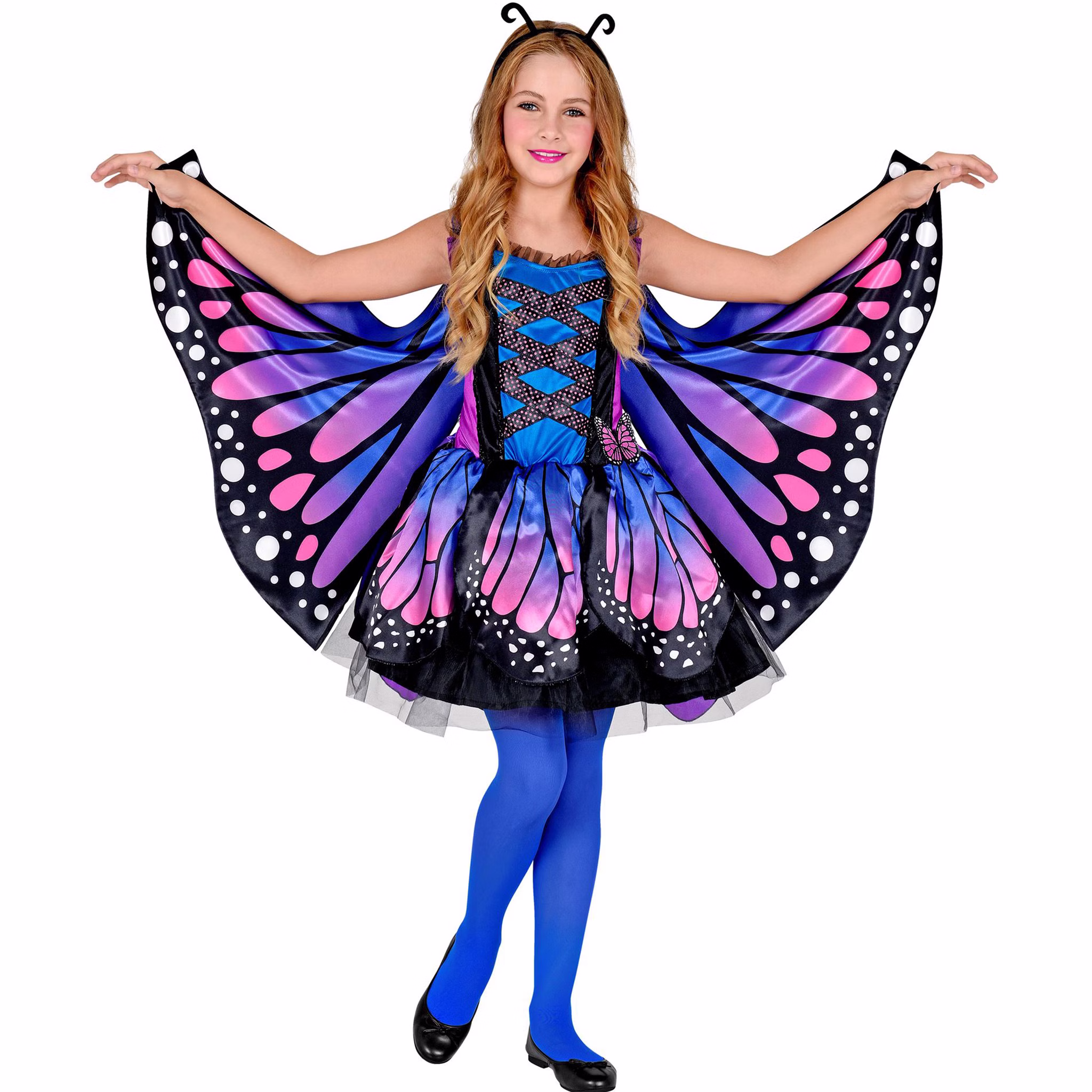Schmetterling Kostüm Kinder Lilly Lila Blau Kleid Flügel Fühler Schmetterling Kostüm Lilly für Kinder in Lila-Blau mit farbenfrohem Kleid, großen Flügeln und Haarreif mit schwarzen Fühlern.