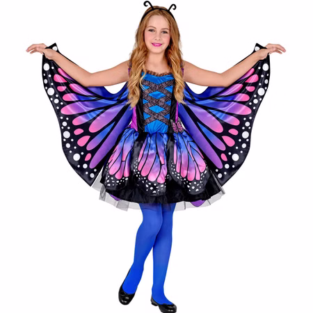 Schmetterling Kostüm Kinder Lilly Lila Blau Kleid Flügel Fühler Schmetterling Kostüm Lilly für Kinder in Lila-Blau mit farbenfrohem Kleid, großen Flügeln und Haarreif mit schwarzen Fühlern.