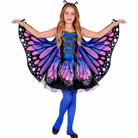 Schmetterling Kostüm Kinder Lilly Lila Blau Kleid Flügel Fühler Schmetterling Kostüm Lilly für Kinder in Lila-Blau mit farbenfrohem Kleid, großen Flügeln und Haarreif mit schwarzen Fühlern.
