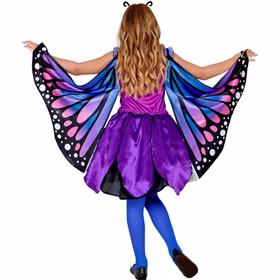 Schmetterling Kostüm Kinder Lilly Rückansicht Große Flügel Rückansicht des Schmetterling Kostüms Lilly für Kinder mit großen lila-blauen Flügeln und violettem Kleid mit luftigem Tüllrock.
