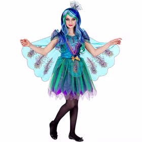 Pfau Kostüm Kinder Paula Blau Grün Kleid Pfauenflügel Kopfschmuck Pfau Kostüm Paula für Kinder mit blau-grünem Kleid, großen helltürkisen Pfauenflügeln und passendem Kopfschmuck.