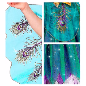 Pfau Kostüm Kinder Paula Detail Pfauenfedern Blau Grün Detailansicht des Pfau Kostüms Paula mit hellblauen Flügeln, Pfauenfeder-Motiven und glitzerndem blau-grünem Kleid.