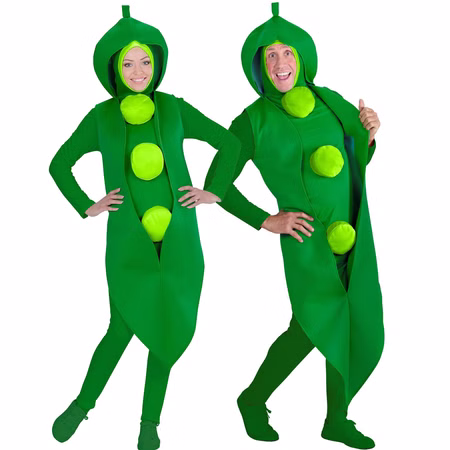 Erbsen Kostüm Erwachsene Unisex Erbsenschote Paar Gruppenkostüm ustiges grünes Erbsen Kostüm für Erwachsene als Unisex Erbsenschote, gemeinsam von einer Frau und einem Mann getragen.