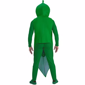 Erbsen Kostüm Erwachsene Rückansicht Grüne Erbsenschote Unisex Rückansicht des grünen Unisex Erbsenkostüms für Erwachsene mit integrierter Kopfbedeckung und spitz zulaufender Schotenform.