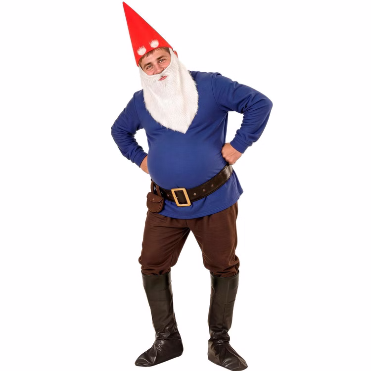 Zwerg Kostüm Herren Hugo Gartenzwerg Märchen Blau Rot Gartenzwerg Kostüm Hugo für Herren mit blauem Oberteil, brauner Hose, Gürtel, roter Zipfelmütze und langem weißem Bart.