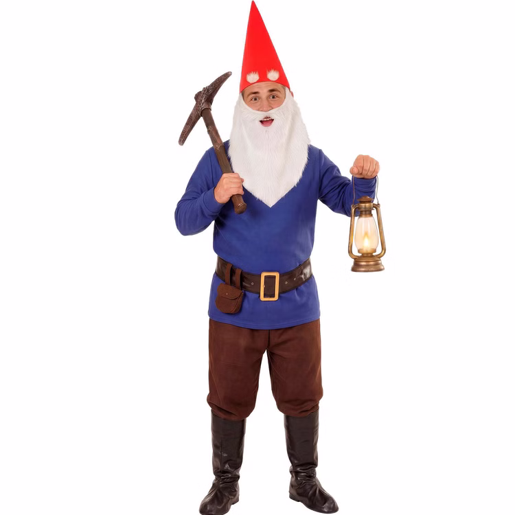 Zwerg Kostüm Herren Hugo Märchenzwerg Laterne Spitzhacke Märchenzwerg Kostüm Hugo für Herren mit roter Zipfelmütze, weißem Bart, blau-braunem Outfit sowie Laterne und Spitzhacke.
