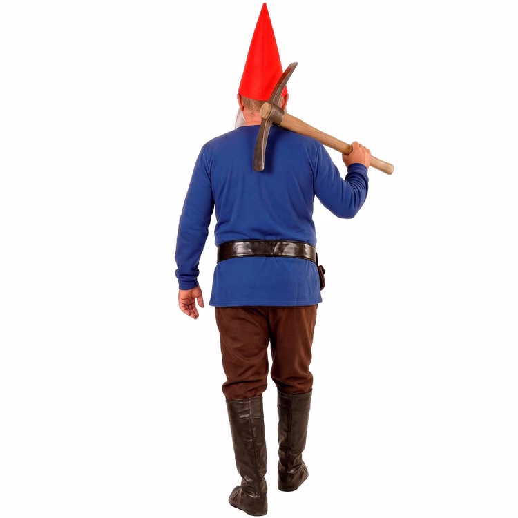 Zwerg Kostüm Herren Hugo Rückansicht Gartenzwerg Blau Braun Rückansicht des Herren Zwerg Kostüms Hugo mit blauem Oberteil, brauner Hose, roter Zipfelmütze und braunen Schuhüberziehern.