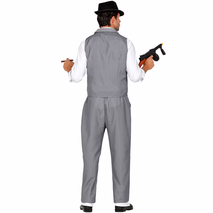 Gangster Kostüm Herren Rückansicht Nadelstreifen 20er Jahre Mafia Boss Kostüm für Herren mit grauer Nadelstreifen-Weste, passender Hose und schwarzer Krawatte im klassischen 20er-Jahre-Look.