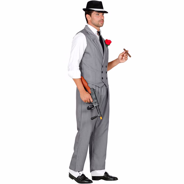 Gangster Kostüm Herren Nadelstreifen Grau 20er Jahre Mafia Boss Herren Gangster Kostüm im grauen Nadelstreifen-Look mit Weste, Hose und Krawatte, kombiniert mit Hut und weiteren Accessoires.