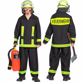 Feuerwehr Kostüm Kinder Toni Schwarz Gelb Feuerwehr Uniform Schwarzes Feuerwehr Kostüm für Kinder mit gelben Signalstreifen und FEUERWEHR-Schriftzug, dargestellt mit Helm und Zubehör.