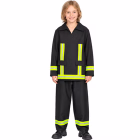 Feuerwehr Kostüm Kinder Toni Vorderansicht Schwarz Gelb Vorderansicht des Feuerwehr Kostüms Toni für Kinder mit schwarzem Oberteil, Hose und auffälligen neongelb-silbernen Streifen.
