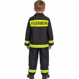 Feuerwehr Kostüm Kinder Toni Rückansicht Feuerwehr Schriftzug Rückansicht des Kinder Feuerwehr Kostüms Toni in Schwarz mit neongelben Streifen und großem FEUERWEHR-Schriftzug auf dem Rücken.