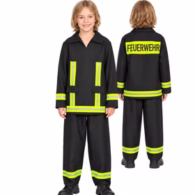 Feuerwehr Kostüm Kinder Toni Schwarz Gelb Vorder Rückansicht Feuerwehr Kostüm Toni für Kinder in Schwarz mit neongelben Streifen, vorne und hinten mit großem FEUERWEHR-Schriftzug dargestellt.