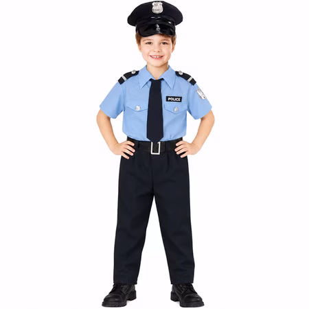 Polizei Kostüm Kinder Alex Vorderansicht Mütze Krawatte Uniform Vorderansicht des Polizei Kostüms Alex für Kinder mit blauem Uniform-Oberteil, Hose, schwarzer Krawatte, Gürtel und Polizeimütze.