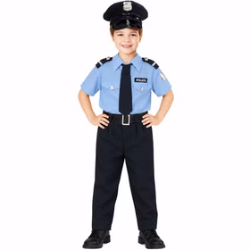 Polizei Kostüm Kinder Alex Vorderansicht Mütze Krawatte Uniform Vorderansicht des Polizei Kostüms Alex für Kinder mit blauem Uniform-Oberteil, Hose, schwarzer Krawatte, Gürtel und Polizeimütze.