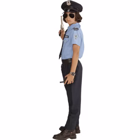 Polizei Kostüm Kinder Alex Seitenansicht Uniform Blau Police Polizei Kostüm Alex für Kinder mit hellblauem Uniform-Oberteil, dunkler Hose, Gürtel, Krawatte und Polizeimütze in Seitenansicht.