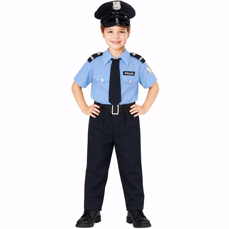 Polizei Kostüm Kinder Alex Vorderansicht Mütze Krawatte Uniform Vorderansicht des Polizei Kostüms Alex für Kinder mit blauem Uniform-Oberteil, Hose, schwarzer Krawatte, Gürtel und Polizeimütze.